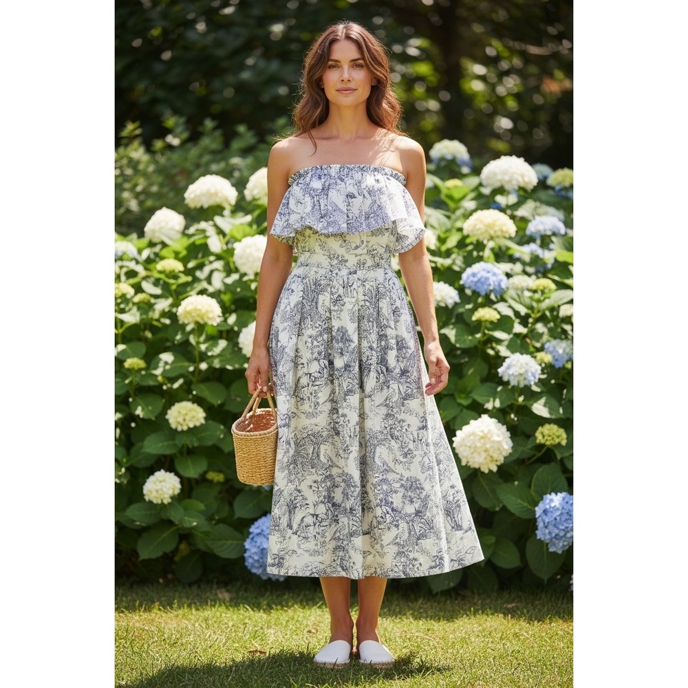 Luminary Fine Collection Strapless Midi Dress SZ Large Blue White Toile Ruffle